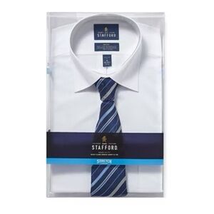 Stafford White Dress Shirt with Navy Blue Tie